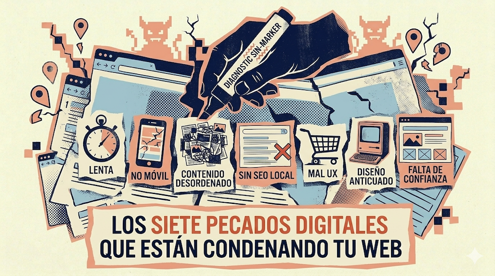 Ilustración de los 7 pecados digitales en una página web